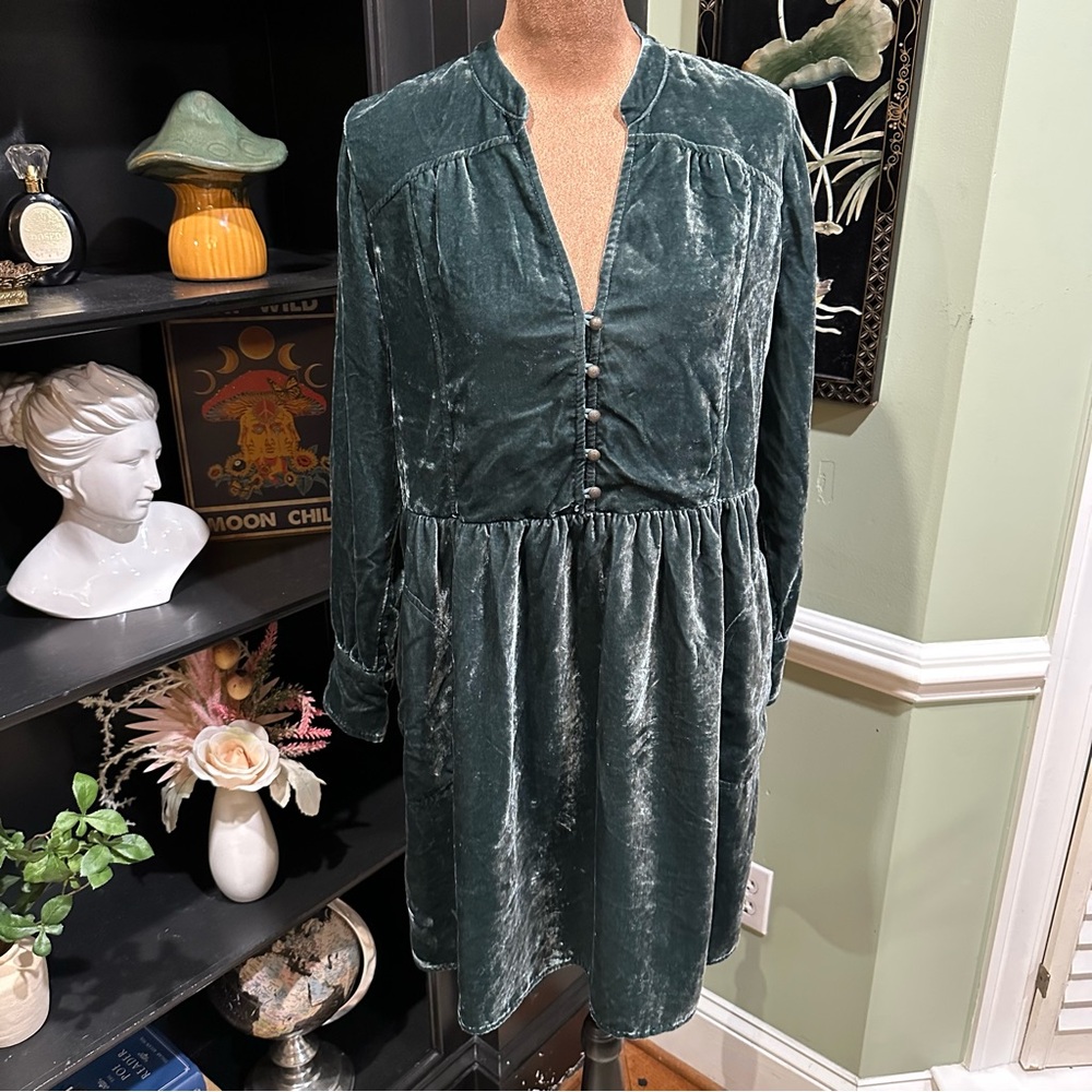 Anthropologie Holding Horses Green Crushed Velvet Babydoll Shirt Dress Size Smal